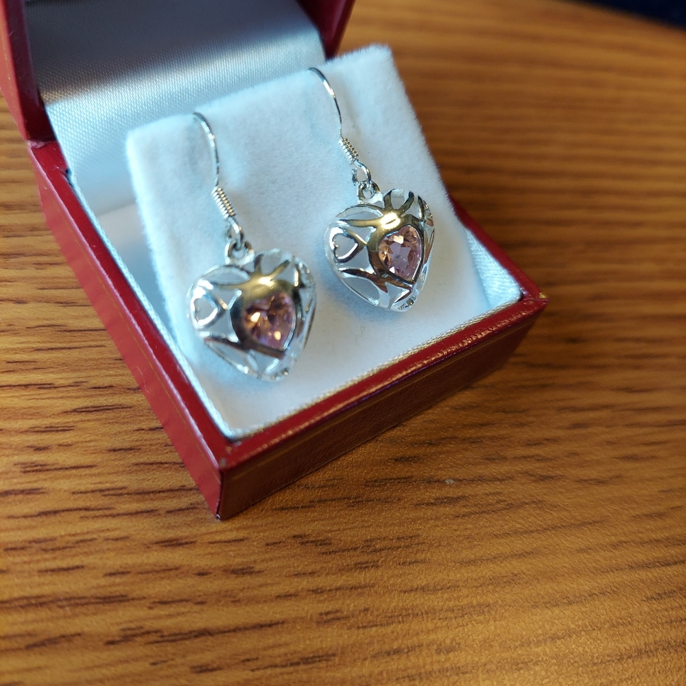 SS 925 Dangle Heart Earrings w/Pink Cz 1", GC. - Picture 3 of 8